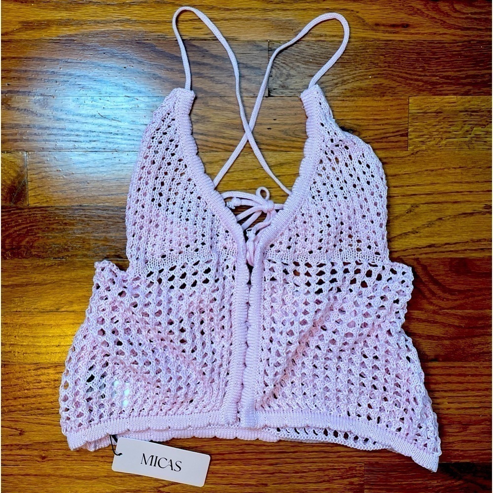 New Micas Pink Crochet Halter Backless‎ Knit Tank Top Boho Festival Crop Top S